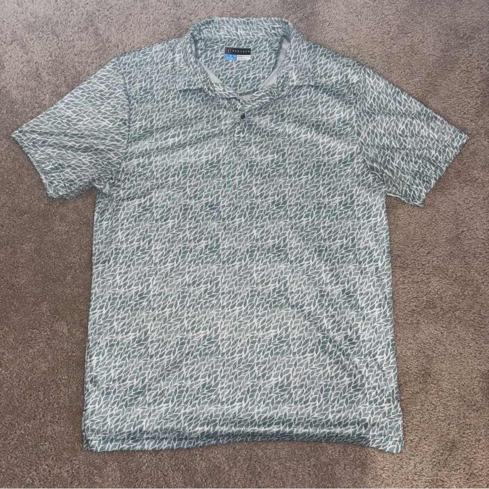 PGA Tour Pro Series Green and White Leaf Patterned Golf Polo Shirt